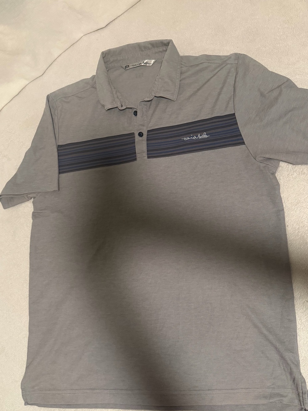 Travis Mathew Men's Gray Stripe Chest Polo Shirt